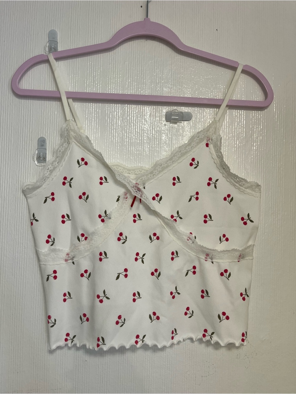 Francesca's Collections White Cherry Print Lace Trim Tank